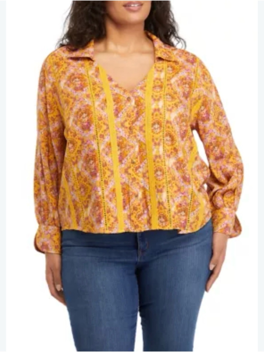 Plus-Size Yellow Printed V-Neck Long-Sleeve Blouse